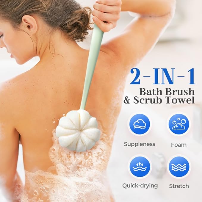 2-in-1 Bath Scrubber Back Brush,2025 New Shower Body Brush with Bristles and Loofah,Double-Sided Bath Back Scrubber with Long Handle for Women, Men, The Elderly (Pink B+Green A)