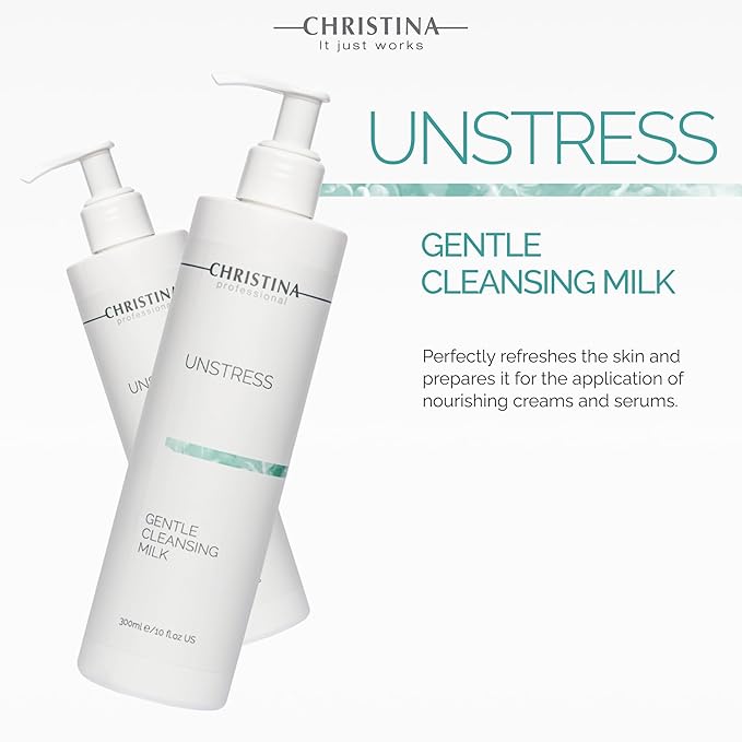 Christina Unstress Soap-Free Gentle Cleansing Milk Makeup Remover for Face & Eyes - 300 ml - Calendula, Vitamin E and Centheal Soap-Free Cleanser - Safe for All Skin Types