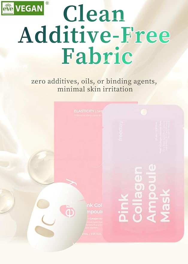 freemay Vegan Ampoule Mask Intensive Hydration Deeply Moisturizing & Anti-Aging All skin types Eve Vegan Certified 10 Sheets (Pink Collagen)