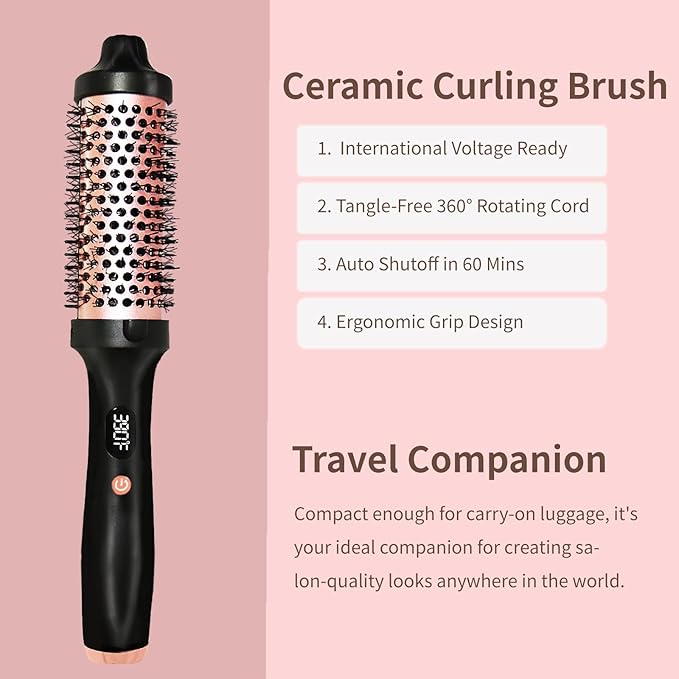 Thermal Brush, Heated Round Brush, Negative lon Heated Curling Brush 1.5 Inch, 3 Temp Settings,15s Heating, Dual Voltage Rose Gold Update Ceramic Tourmaline