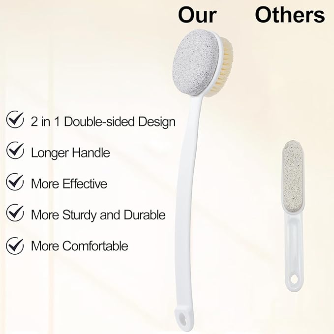 Pumice Stone and Shower Brush with Long Handle, 2 Pack Hard Skin Callus Remover, 2 in 1 Foot Scrubber, Back Scrubber for Shower Deep Cleansing and Exfoliating, Dry Brushing Body Brush (Curved)