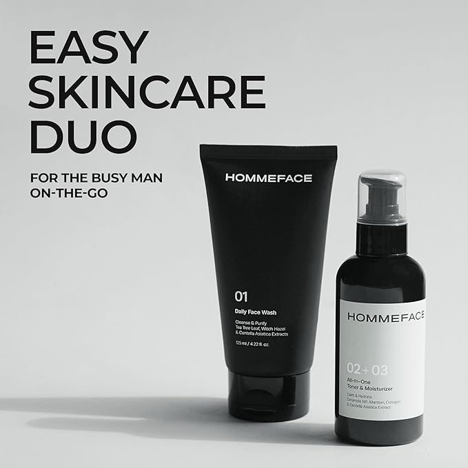 HOMMEFACE Men’s Easy Duo 2-Step Daily Routine Set - Includes a Face Wash, 4.22 fl oz and All-in-One Toner & Moisturizer, 5.07 fl oz - Korean Skincare Technology for Oily & Acne-Prone Skin