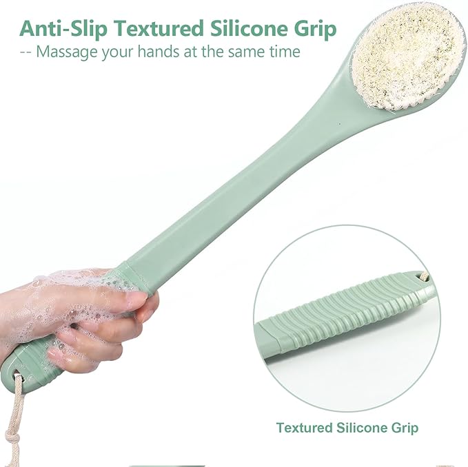 17-Inch Back Scrubber for Shower, Anti-Slip Exfoliating Body Brush for Bath, Gentle Back Brush for Shower for Men, and Women, Cleaning Skin for Smooth, Glowing Skin (Pea Green)