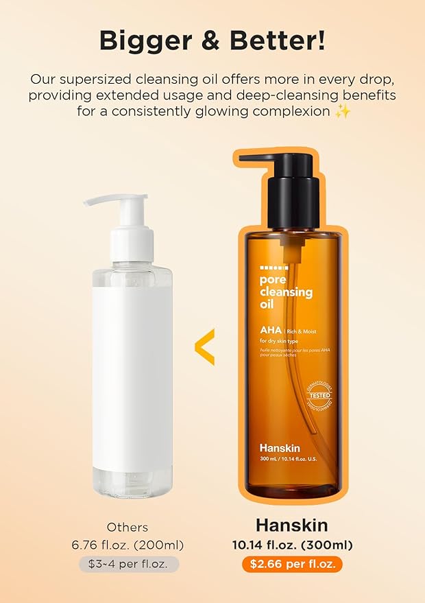 Hanskin AHA Pore Cleansing Oil for Dry Skin, Exfoliating, Waterproof Makeup Sebum Remover Facial Oil Cleanser for Face, Moisturizing for Soft Skin, Korean Skincare [AHA/10.14 oz.]