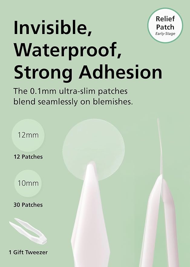 EasyDerm Relief Invisible Patch(42 counts) I Contains 10,000ppm of Tea Tree Oil, Pimple Patch, Ultra-slim 0.1mm, Waterpoof, Korean Pimple Patches Stocking Stuffer Holiday Gift MUST HAVE