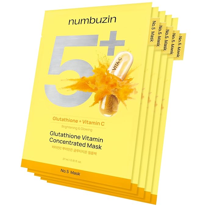 numbuzin No.5 Sheet Mask | Vitamin Spotlight Sheet Mask | Glutathione and Vitamin C | Reduces Hyperpigmentation, Improves Skin Complexion | Gentle and non-irritating | 5 sheet