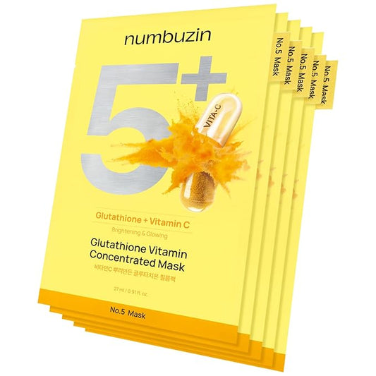 numbuzin No.5 Sheet Mask | Vitamin Spotlight Sheet Mask | Glutathione and Vitamin C | Reduces Hyperpigmentation, Improves Skin Complexion | Gentle and non-irritating | 5 sheet