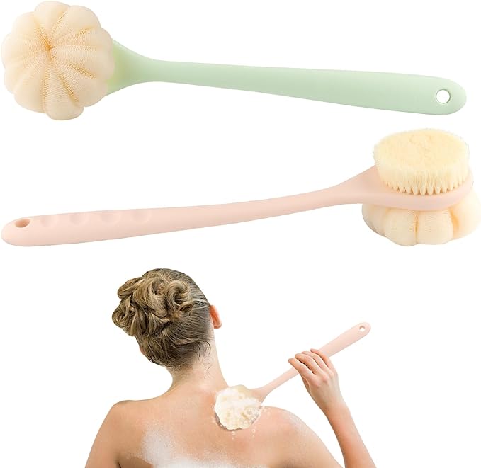 2 Pcs Body Shower Brush Long Handle Back Scrubber Brush with Bristles and Loofah Mesh Sponge for Skin Exfoliating Bath Wet Dry Massage Brushing - Pink+Green