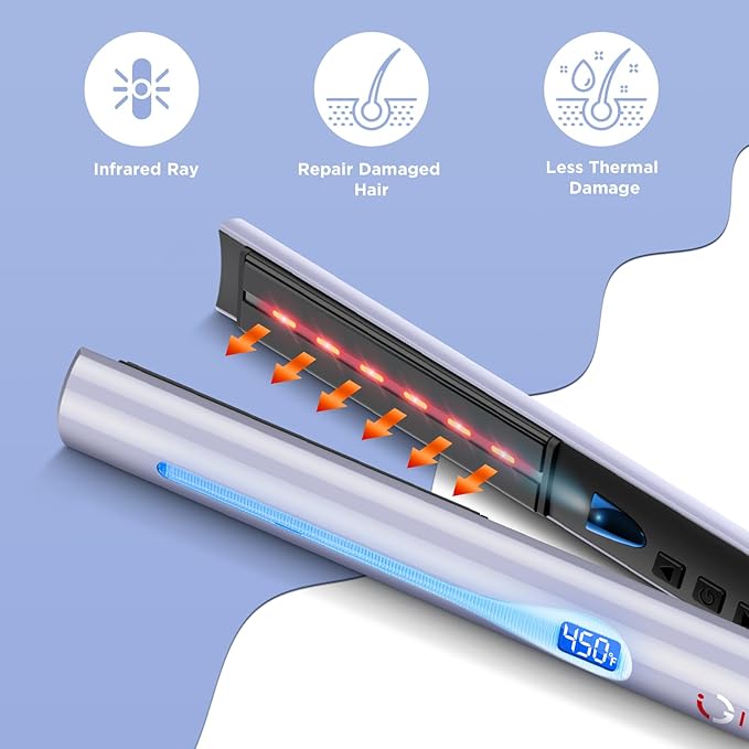 IG INGLAM Titanium Flat Iron Hair Straightener, Curling Iron 1 Inch, Infrared Negative Ionic Hair Straightener 11 Adjust Temp 250°F to 450°F, Shiny Hair Dual Voltage 110-240V, Gift, Purple