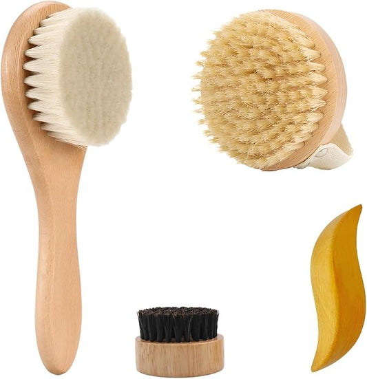 Dry Brushing Set - Natural Boar Bristle Body & Face Brush +Dry Skin Exfoliating Scrubber +Wood Therapy Massage Tool for Gua Sha Anti-Cellulite (4 Pack)
