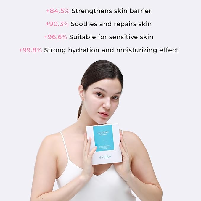+WIS+ Hyaluronic Acid Sheet Mask 5 EA with Hyaluronic Acid Serum and Vitamin B5, Facial Mask for Dry Skin, Anti-Aging Mask to Plump and Repair Dehydrated Skin, Safe on Sensitive Skin,gift for girls