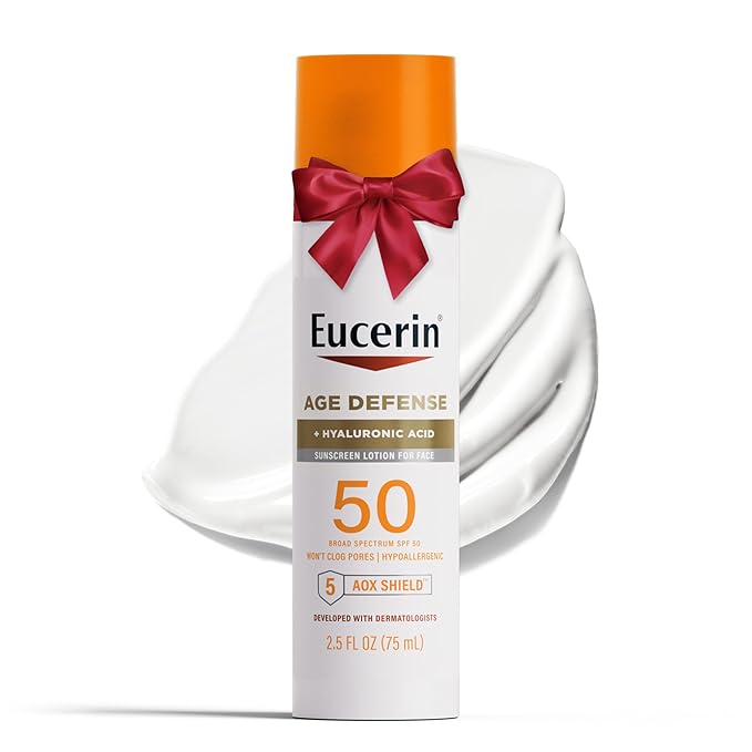 Eucerin Sun Age Defense SPF 50 Face Sunscreen Lotion with Hyaluronic Acid, Hypoallergenic, Non-Comedogenic Sunscreen SPF 50, Holiday Gifts for Self Care, 2.5 Fl Oz Bottle