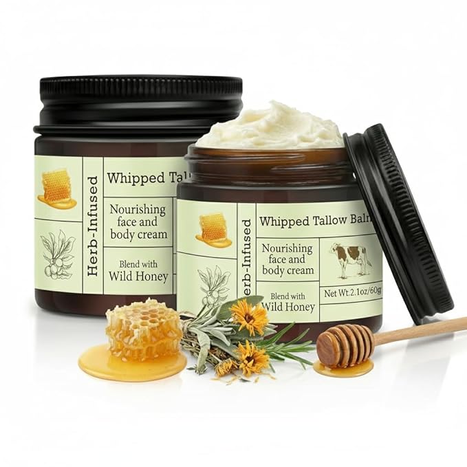 2PCS Organic Grass-Fed Beef Tallow Balm with Raw Honey, Whipped Tallow Face & Body Cream, Natural Moisturizing Tallow Balm, Hydrating Organic Skin Care for Dry, Sensitive & Mature Skin