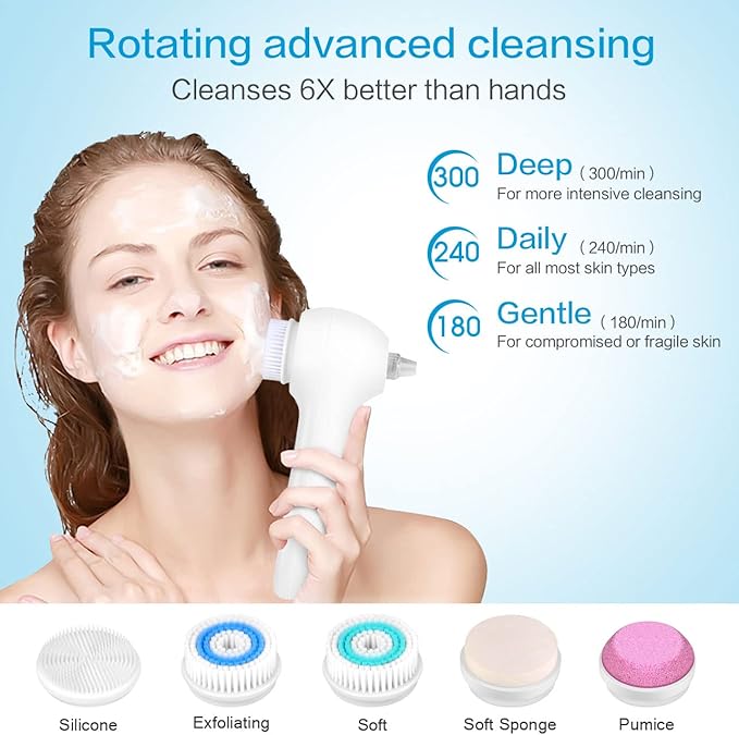 Face Scrubber Exfoliator,Facial Cleansing Brush Waterproof with LCD Screen,Blackhead Remover Vacuum with 5 Brush Heads,Face Spin Brush for Exfoliating (White-Blue)