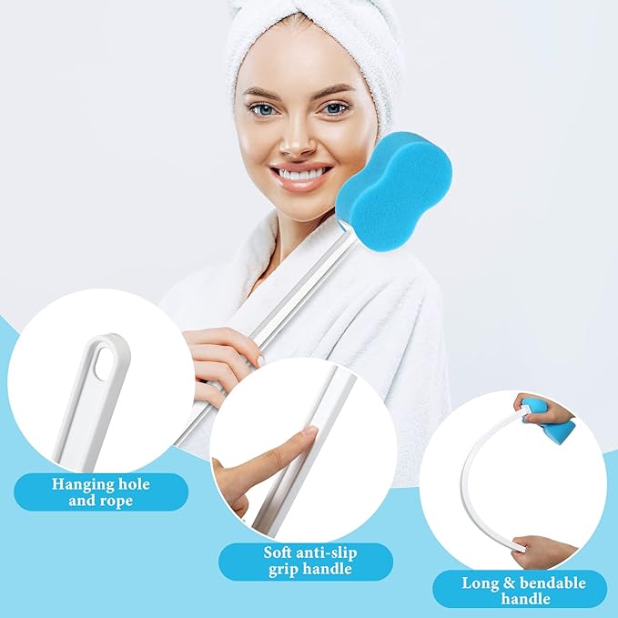 Norme 3 Pcs 22.4 Inch Long Handle Back Bath Sponge Lightweight Sponge on a Stick Body Cleaning Handled Washer Scrubber for Foot Body Limited Range of Motion, Blue