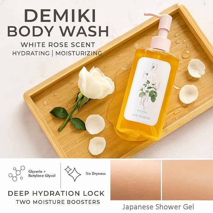 DEMIKI Body Wash Women Moisturizing Sensitive Skin, White Rose Scent Shower Gel Body Wash for Women, Winter Hydration Care, Sulfate-Free, Paraben-Free, Dye-Free, 10 fl oz