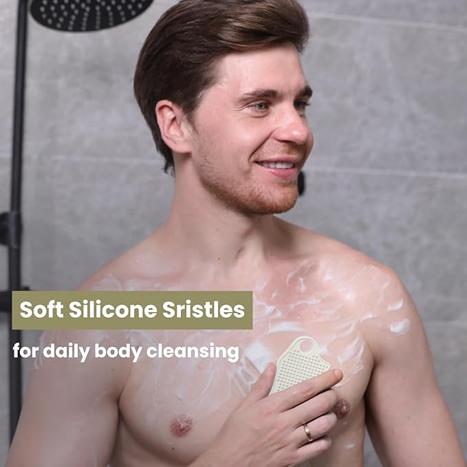 Silicone Body Scrubber Silver-Infused Dual-Sided 3-in-1 for Shower, Body Cleaning+Massage+Exfoliator Body Brush Buffer for Men and Women, Silicone Loofah, Non-Slip Handle (Stone)