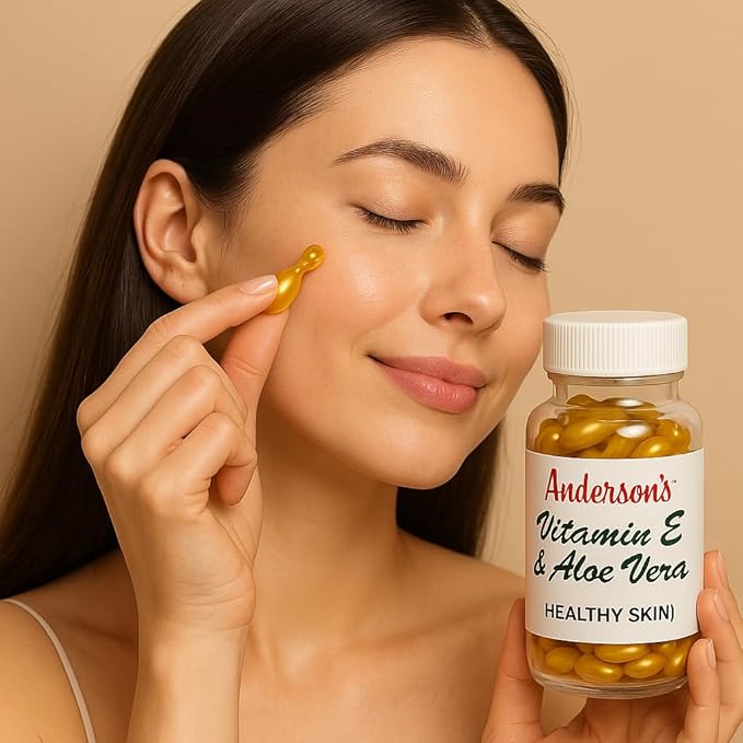 Anderson's Vitamin E & Aloe Vera Moisturizer Capsules – Anti-Aging Hydrating Cream for Face, Hands, & Body – Fast-Absorbing Lotion for Dry Skin, Fine Lines, & Dark Spots – 60 Travel-Friendly Capsules