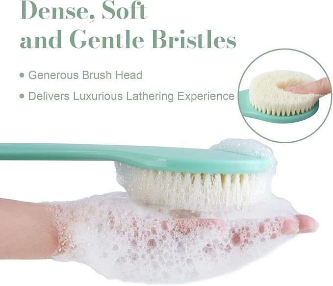 Back Scrubber for Shower, Shower Body Brush for Cleaning with Long Handle for Showering, 17 Inch Back Washer Exfoliator for Shower Men Women with Non-Slip Handle, Adhesive Hook (Celadon Green)