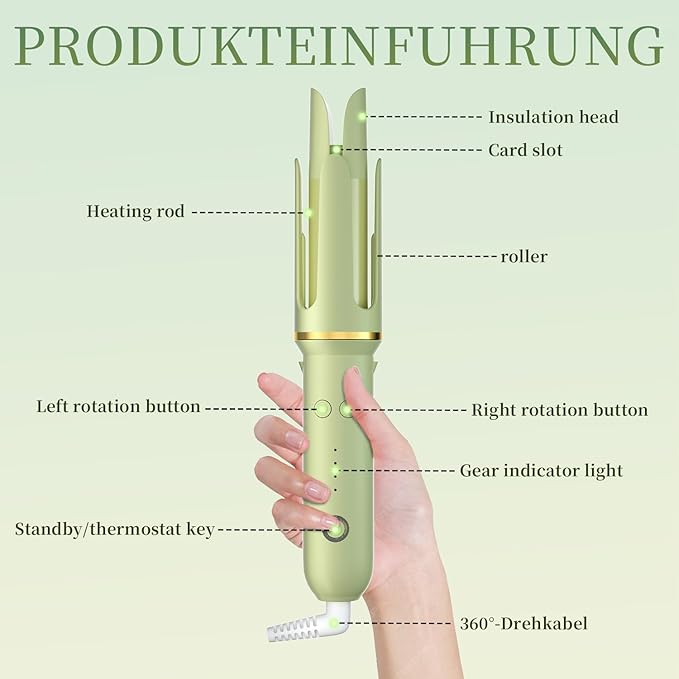 Automatic Curling Iron - Beach Waves Curling Wand with 4 Temperature, Portable Hair Curler Automatic Shut-Off, Anti-Scald, Anti-Tangle Rotating Curling Wand for Hair Styling, Elegant Green