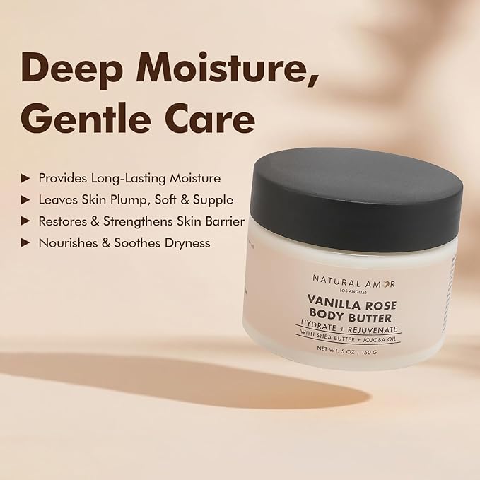 Natural Amor Vanilla Rose Body Butter with Shea Butter & Jojoba Oil – Deep Moisturizing Cream for Dry Skin – Non-Greasy Daily Skincare for Women & Men – 5oz