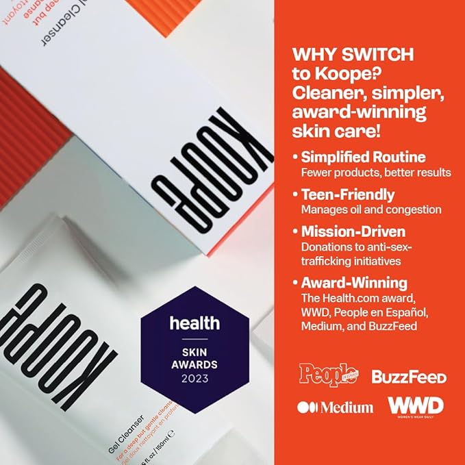 Koope Gel Face Wash, Cleanser For All Skin Types, Gentle, Soap-Free, pH Balanced, Makeup Remover with Oat Amino Acids, Cucumber, Kiwi & Aloe, Free of Parabens, Sulphates & Fragrances, Vegan, 5.0 FL OZ