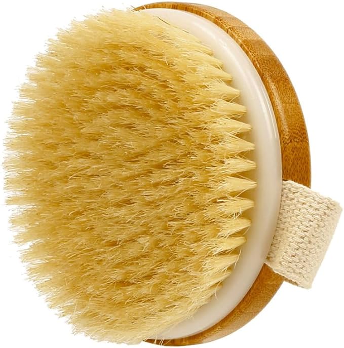 4.3” Round Bamboo Dry/Wet Body Brush Scrubber with Natural Bristles, Bath Shower Brush for Cellulite, Exfoliating and Detox, etc. (Brown Horsehair Bristles)