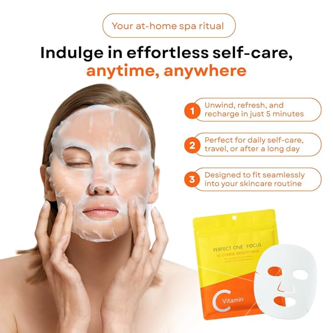 PERFECT ONE FOCUS VC Charge Smooth Mask - Vitamin-Infused Sheet Masks for Skin Care & Pores - Includes 10 Types of Vitamins, Hyaluronic Acid, Ceramides & Niacinamide - Citrus Scent, 7 Sheets
