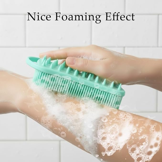 2 PCS Soft Silicone Body Scrubber, 2 in 1 Exfoliating Shower Bath Scrubber, Silicone Loofah Bath and Shampoo Brush Body Shower Use Shower Hair Scalp Massager, Easy to Clean, Lather Well (Black&Green)