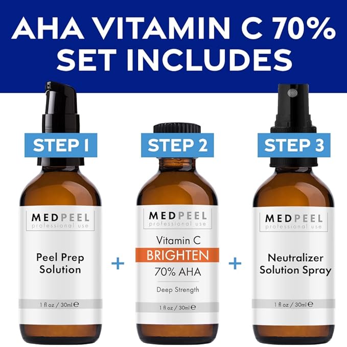 Medpeel 70% AHA & Vitamin C Brightening Essential Chemical Peel at Home Kit, Includes Peel, Prep, Neutralizer, Deep Strength Professional Grade Chemical Face Peel, Reduces Age Spots, 1oz/30ml