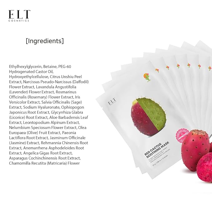 ELT Red Cactus Extract (5,000 ppm) (25 g / 0.88 oz) 10 EA Korean Face Masks, Brightening Mask, Anti-Aging Wrinkle Fighting, Deep Collagen Mask, Korean Skin care