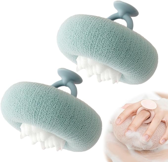 Super Soft Sunflower Suction Cup Bath Ball, 2025 New 2 in 1 Exfoliating Bath Sponge Cleaning Brush with Finger Rings, Sponge Mesh Pouf Shower Ball for Women & Men (Green 2pcs)