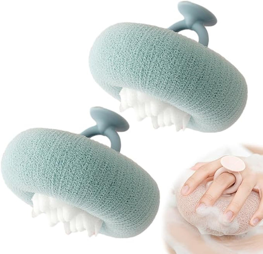 Super Soft Sunflower Suction Cup Bath Ball, 2025 New 2 in 1 Exfoliating Bath Sponge Cleaning Brush with Finger Rings, Sponge Mesh Pouf Shower Ball for Women & Men (Green 2pcs)