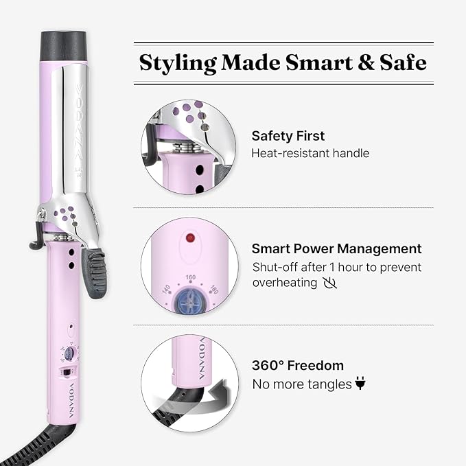 VODANA Professional GlamWave Ceramic Curling Iron, Long-Lasting Natural Curls, Instant Heat, Hair Curler, Curling Wand, Available in USA (1.6 inch, Lavender)