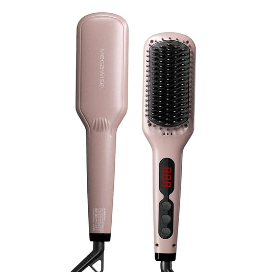 Updated 2025 MEGAWISE Hair Straightener Ceramic Brush ; Anti-Scald Dual Voltage Flat Iron Hot Brush | Rotatable Cord |Auto Shutoff | Anti-frizz |for All Hair Types (Pink)