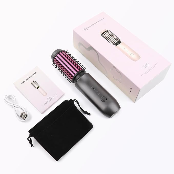 Cordless Curling Iron Brush, 2024 New Portable Travel Curling Iron Mini Brush for Women, 7000Mah USB Rechargeable Curling Wand Brush with Negative Ion, Gray