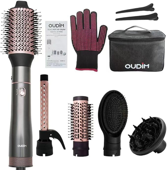 5 in 1 Negative Ion Hair Dryer Brush Blow Dryer Brush Set, Hot Air Styler with Multiple Lengths Suitable for Variable Needs for Hair Curling, 3 Temperature and Wind Settings, Travel Bag Easy to Carry