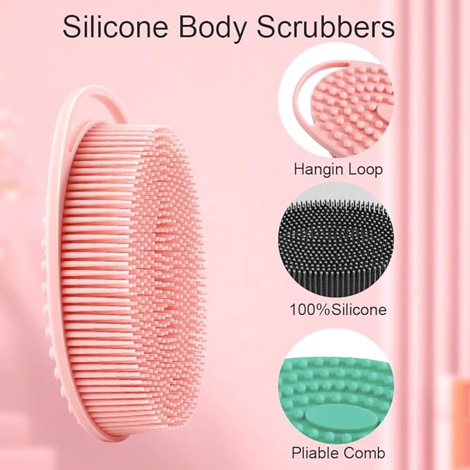 Soft Silicone Body Scrubber 3 PCS Silicone Body Shower, Silicone Loofah 2 in 4 Bath and Shampoo Brush, Body Scrubber Shower Cleaning Exfoliating Use for Sensitive Skin, Lather Well, Black,Pink,Green