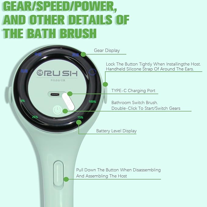 Electric Body Brush Back Scrubber, Waterproof Long-Handle 5-Head Electric Body Scrubber, Rechargeable Bath Brush and 3 Types of Speed Body scrubbe，for Cleaning Massaging and exfoliating (Green)