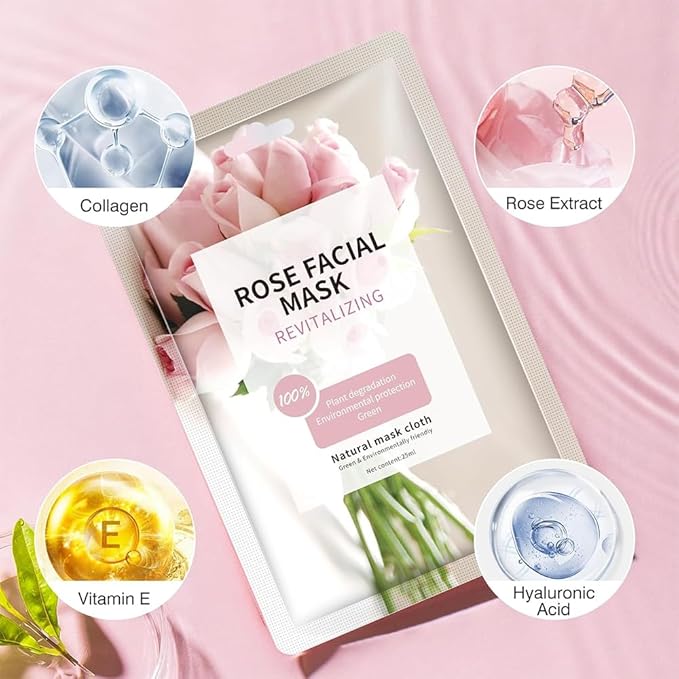 Face Masks Skincare for All Skin Types, Pink Rose Hydrating Face Sheet Masks Suitable for Sensitive Skin, Moisturizing Facial Mask for Women Skin Care, Face Mask Gifts for Face Spa 10 Sheets
