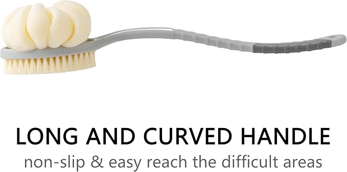 Shower Body Brush with Bristles and Large Pumpkin Loofah,Back Scrubber Bath Mesh Sponge with Anti-Slip Curved Long Handle for Skin Exfoliating,Massage Bristles for Wet or Dry,Men Women (Grey)