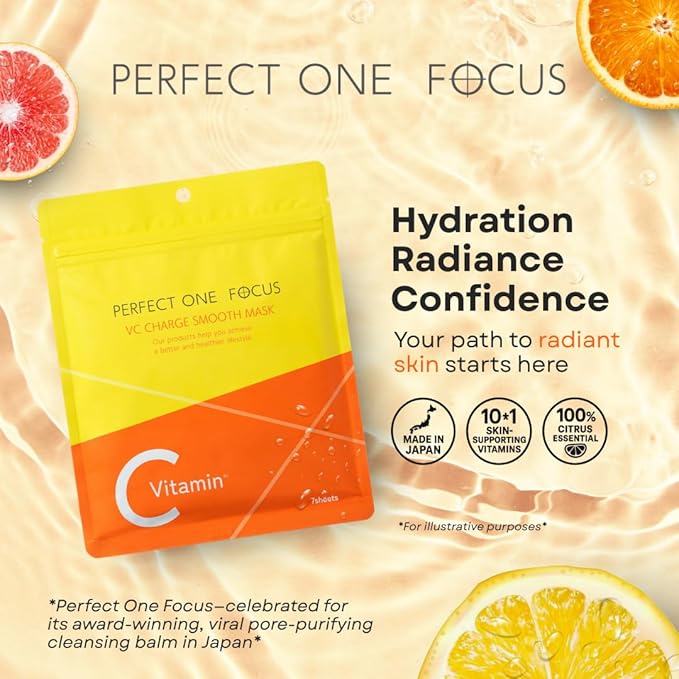 PERFECT ONE FOCUS VC Charge Smooth Mask - Vitamin-Infused Sheet Masks for Skin Care & Pores - Includes 10 Types of Vitamins, Hyaluronic Acid, Ceramides & Niacinamide - Citrus Scent, 7 Sheets