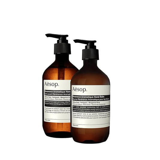 Aesop Reverence Hand Wash & Balm Set | Woody, Earthy, Smoky Duo that Exfoliates & Hydrates Hands Soft, Purified Hands | 16.9 oz / 500 mL