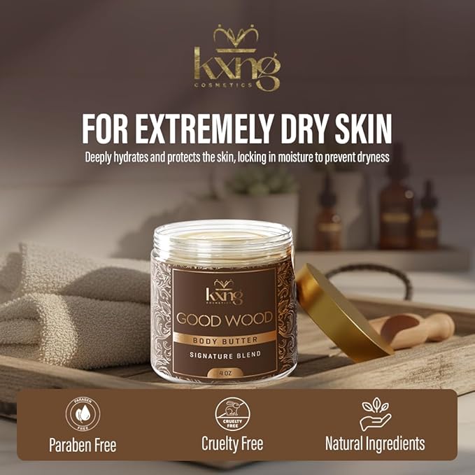KXNG Cosmetics Organic Shea Body Butter Cream – 4oz | Mens Body Butter for Black Men & Women with Shea, Cocoa, Mango & Coconut Oil | Deep Moisturizing Cream for Dry Skin, Hands & Feet – Good Wood