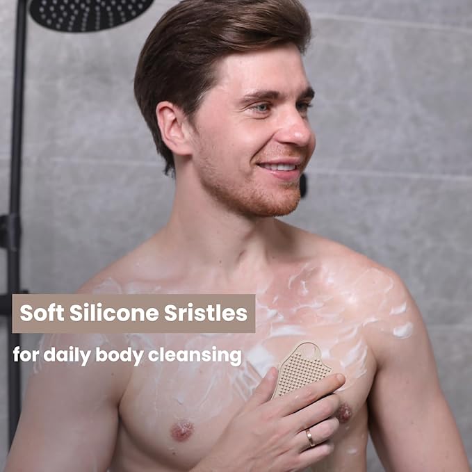 Silicone Body Scrubber Silver-Infused Dual-Sided 3-in-1 for Shower, Body Cleaning+Massage+Exfoliator Body Brush Buffer for Men and Women, Silicone Loofah, Non-Slip Handle (Sand Pink)