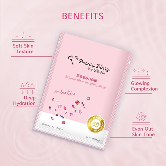 My Beauty Diary Arbutin Glow-boosting Mask, Firming and Smoothening Facial Mask, Restores Radiance, Self Care Face Sheet Mask for Dull Skin and All Skin Types (8 pcs)