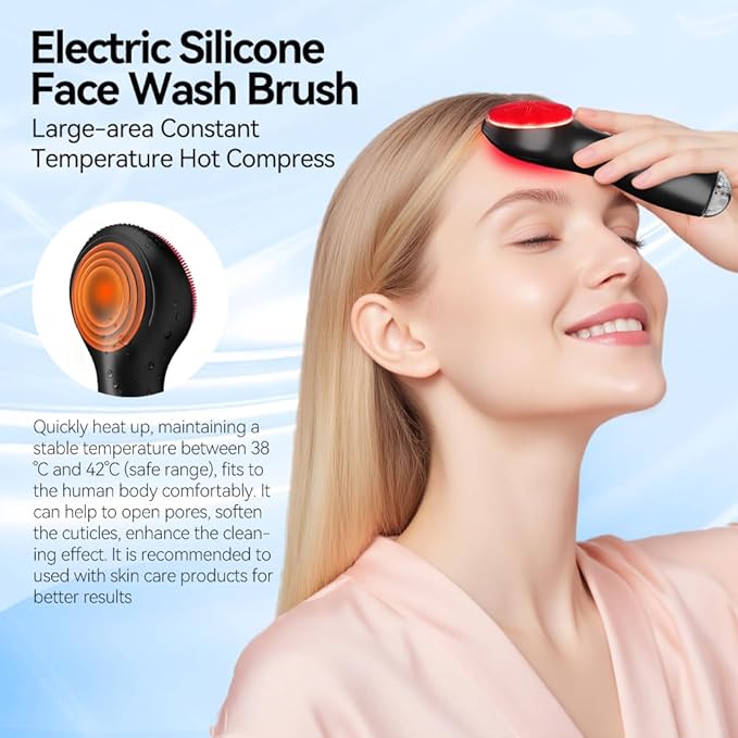 Facial Cleansing Brush, Face Scrubber, Electric Face Brush with 7 Colors, Rechargeable Waterproof Exfoliator with Heat and Vibration, Deep Cleansing and Massage for Men and Women(Black)