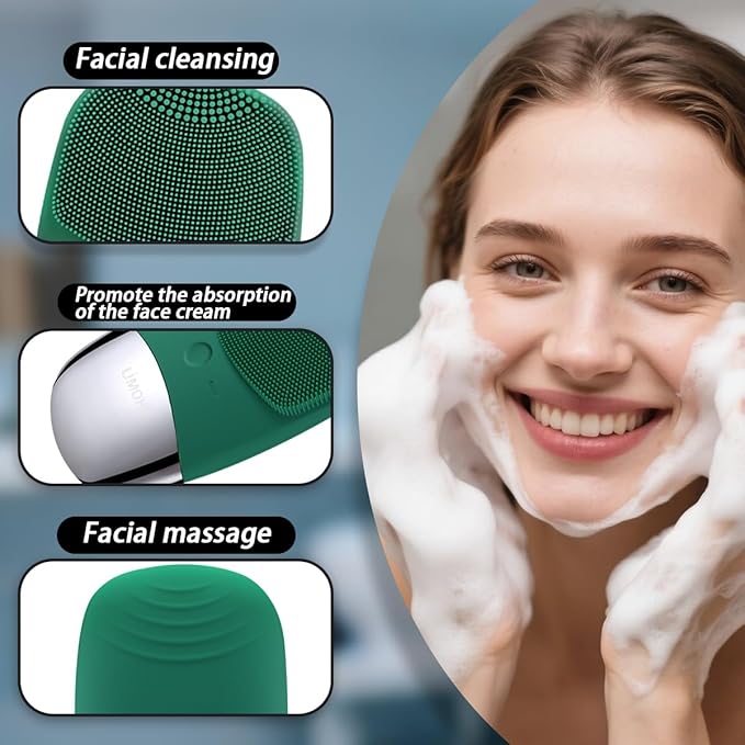 Facial Cleansing Brush, 3-in-1 Electric Silicone Face Scrubber, Vibrating Massager, IPX7 Waterproof, USB Rechargeble Pore Brush for Deep Cleanning, Blackhead Remover, Exfoliating (Green)