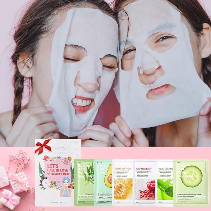 6 PCS Real Hydrating Avocado Honey Pomegranate Aloe Vera Nature Face Masks Skincare, Hyaluronic Acid, Vitamin C and E, Korean Beauty Essence Facial Paper Sheet Mask for Skin Care Moisturizing