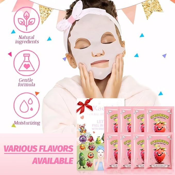 8 PCS Real Hydrating Nature Face Masks Skincare, Hyaluronic Acid, Vitamin C and E, Chamomile, Korean Beauty Essence Facial Paper Sheet Mask for Skin Care Moisturizing (Strawberry)